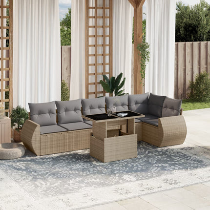 Matgrupp för trädgården med dynor 7 delar beige konstrotting