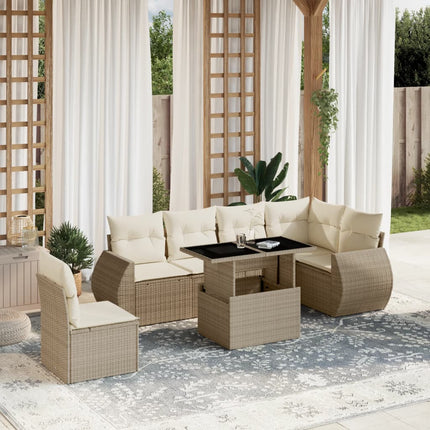 Matgrupp för trädgården med dynor 7 delar beige konstrotting