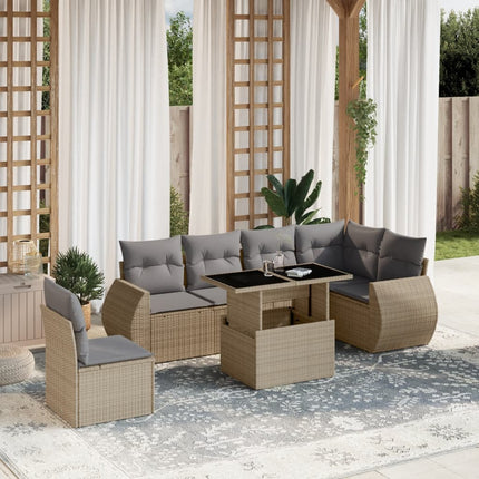 Matgrupp för trädgården med dynor 7 delar beige konstrotting