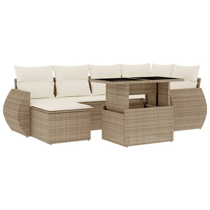 Matgrupp för trädgården med dynor 7 delar beige konstrotting