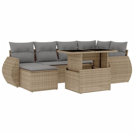 Matgrupp för trädgården med dynor 7 delar beige konstrotting