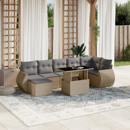 Matgrupp för trädgården med dynor 8 delar beige konstrotting