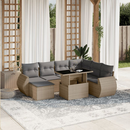 Matgrupp för trädgården med dynor 8 delar beige konstrotting