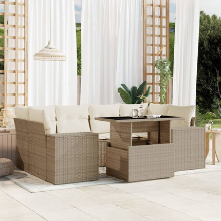 Matgrupp för trädgården med dynor 7 delar beige konstrotting