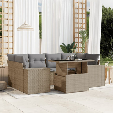 Matgrupp för trädgården med dynor 7 delar beige konstrotting