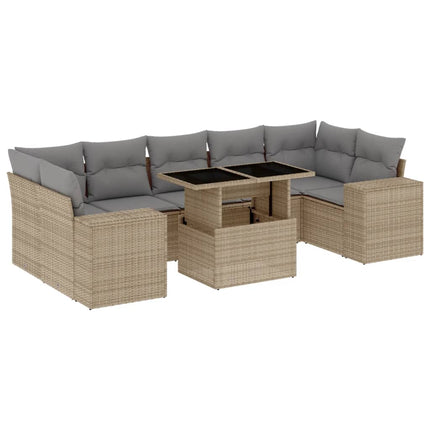 Matgrupp för trädgården med dynor 8 delar beige konstrotting
