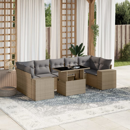 Matgrupp för trädgården med dynor 8 delar beige konstrotting