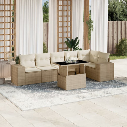 Matgrupp för trädgården med dynor 7 delar beige konstrotting