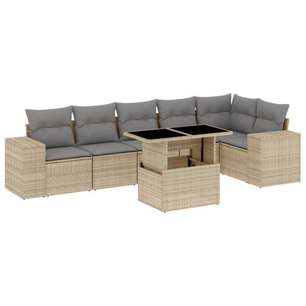 Matgrupp för trädgården med dynor 7 delar beige konstrotting