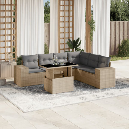 Matgrupp för trädgården med dynor 7 delar beige konstrotting