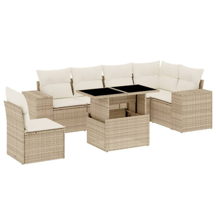 Matgrupp för trädgården med dynor 7 delar beige konstrotting