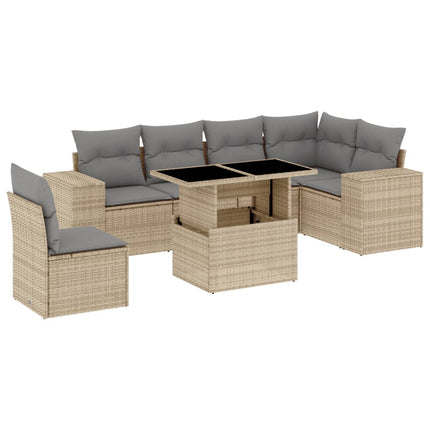 Matgrupp för trädgården med dynor 7 delar beige konstrotting