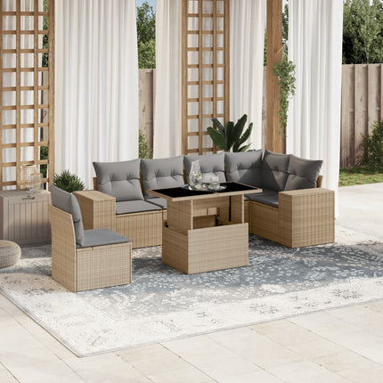 Matgrupp för trädgården med dynor 7 delar beige konstrotting