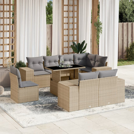 Soffgrupp för trädgården med dynor 9 delar beige konstrotting