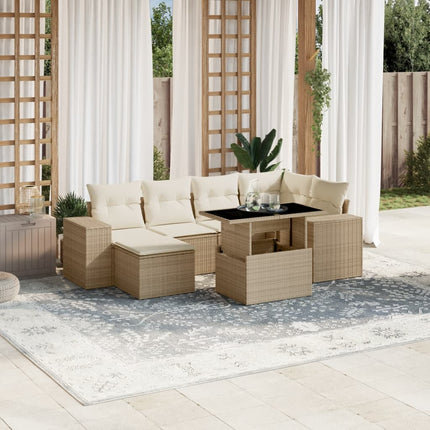 Matgrupp för trädgården med dynor 7 delar beige konstrotting