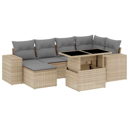 Matgrupp för trädgården med dynor 7 delar beige konstrotting