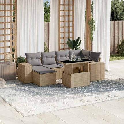 Matgrupp för trädgården med dynor 7 delar beige konstrotting