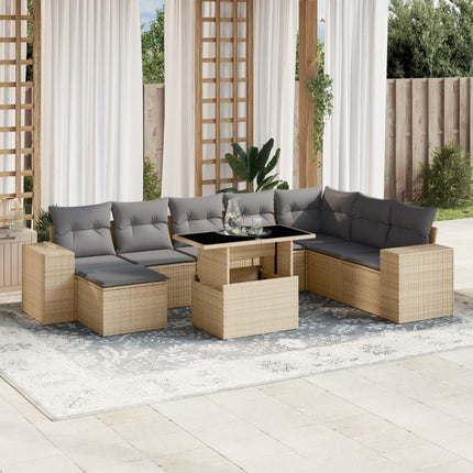 Soffgrupp för trädgården med dynor 9 delar beige konstrotting