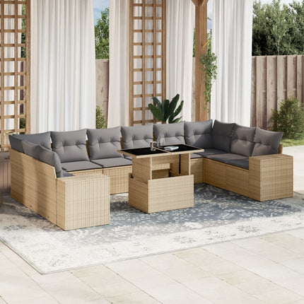 Loungegrupp för trädgården m. dynor 11 delar beige konstrotting