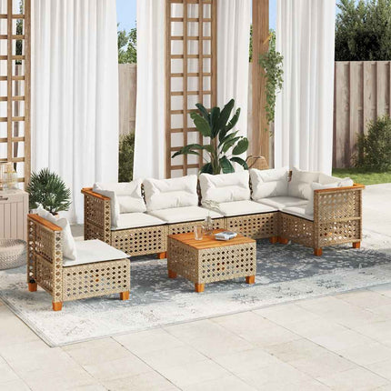 Matgrupp för trädgården med dynor 7 delar beige konstrotting