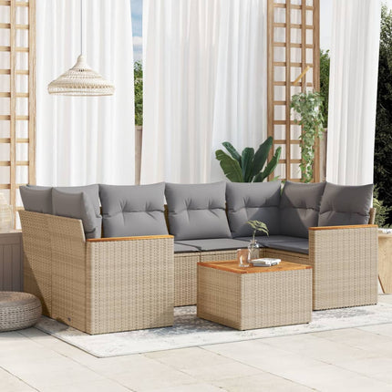 Matgrupp för trädgården med dynor 7 delar beige konstrotting