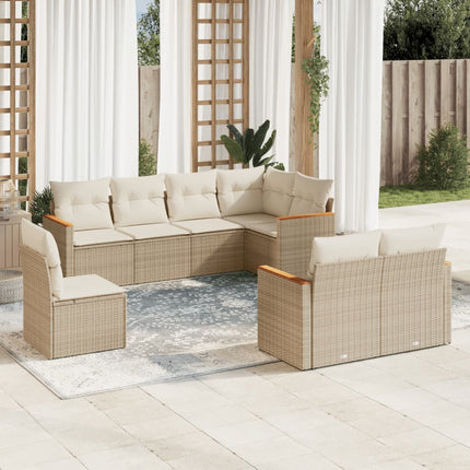 Matgrupp för trädgården med dynor 8 delar beige konstrotting