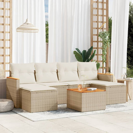 Matgrupp för trädgården med dynor 7 delar beige konstrotting