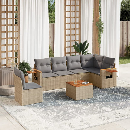 Matgrupp för trädgården med dynor 7 delar beige konstrotting