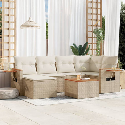 Matgrupp för trädgården med dynor 7 delar beige konstrotting