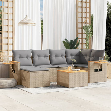 Matgrupp för trädgården med dynor 7 delar beige konstrotting
