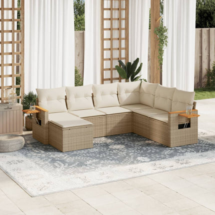 Matgrupp för trädgården med dynor 7 delar beige konstrotting