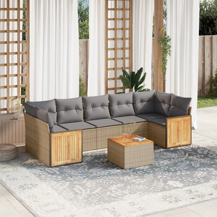 Matgrupp för trädgården med dynor 8 delar beige konstrotting