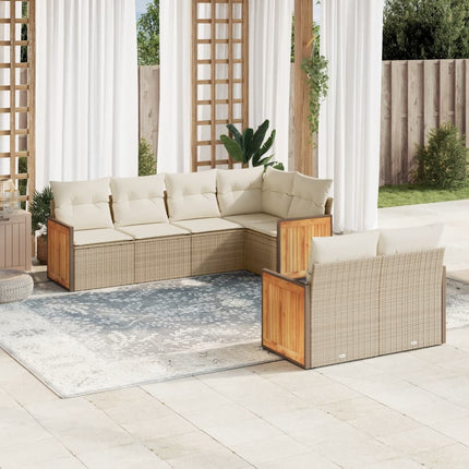 Matgrupp för trädgården med dynor 7 delar beige konstrotting