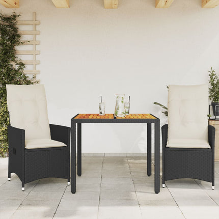 Caféset 3 delar med dynor svart konstrotting akaciaträ