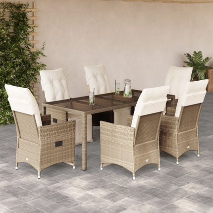 Caféset för trädgården 7 delar med dynor beige konstrotting