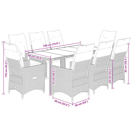 Caféset för trädgården 9 delar med dynor beige konstrotting