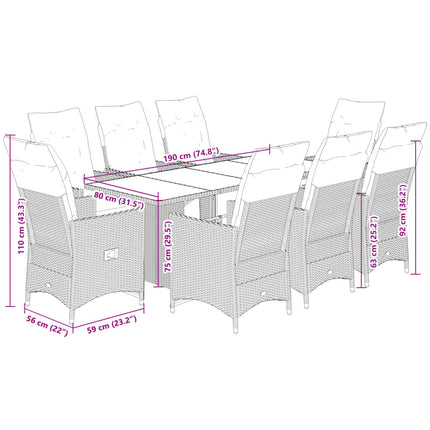 Caféset för trädgården 9 delar med dynor beige konstrotting