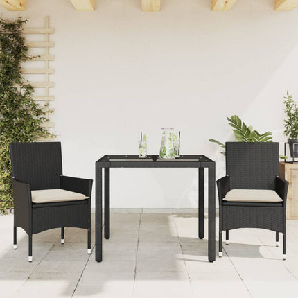 Matgrupp för trädgård med dynor 3 delar svart konstrotting&glas
