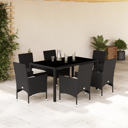 Matgrupp för trädgård med dynor 7 delar svart konstrotting&glas