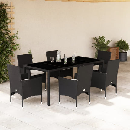 Matgrupp för trädgård med dynor 7 delar svart konstrotting&glas
