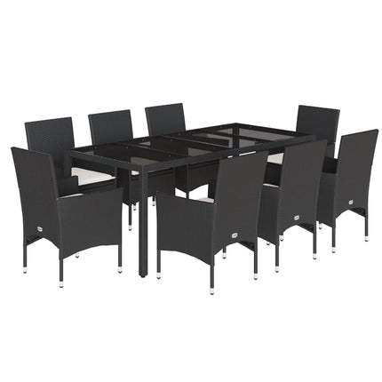 Matgrupp för trädgård med dynor 9 delar svart konstrotting&glas