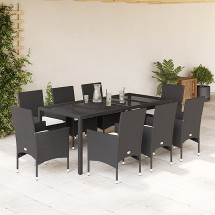 Matgrupp för trädgård med dynor 9 delar svart konstrotting&glas