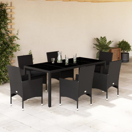 Matgrupp för trädgård med dynor 7 delar svart konstrotting&glas