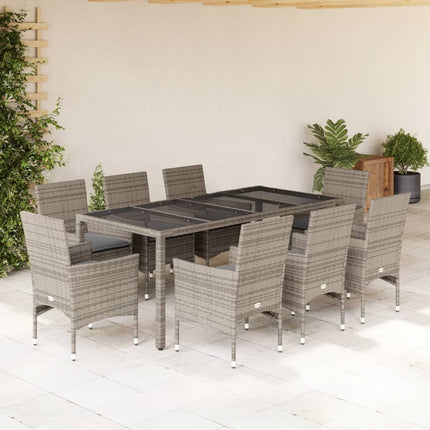 Matgrupp för trädgården med dynor 9 delar grå konstrotting&glas