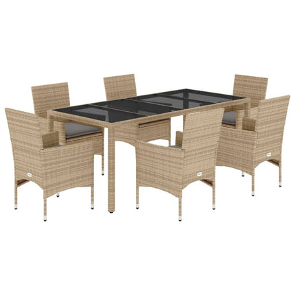 Matgrupp för trädgård med dynor 7 delar beige konstrotting&glas