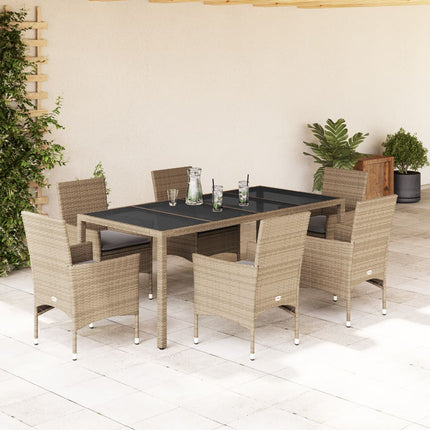 Matgrupp för trädgård med dynor 7 delar beige konstrotting&glas