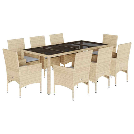 Matgrupp för trädgård med dynor 9 delar beige konstrotting&glas