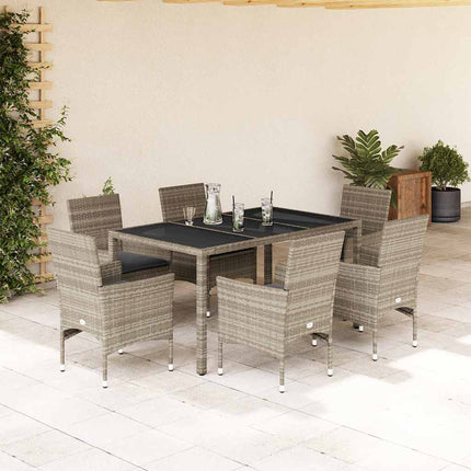 Matgrupp för trädgården med dynor 7 delar grå konstrotting&glas