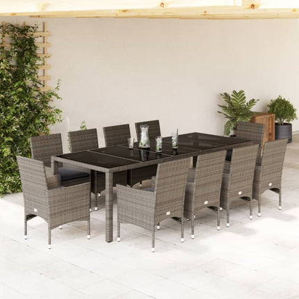 Matgrupp för trädgård med dynor 11 delar grå konstrotting&glas