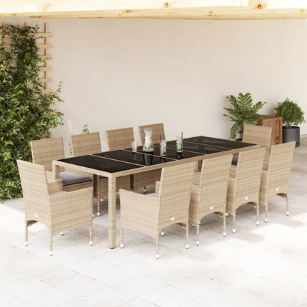 Matgrupp för trädgård med dynor 11delar beige konstrotting&glas
